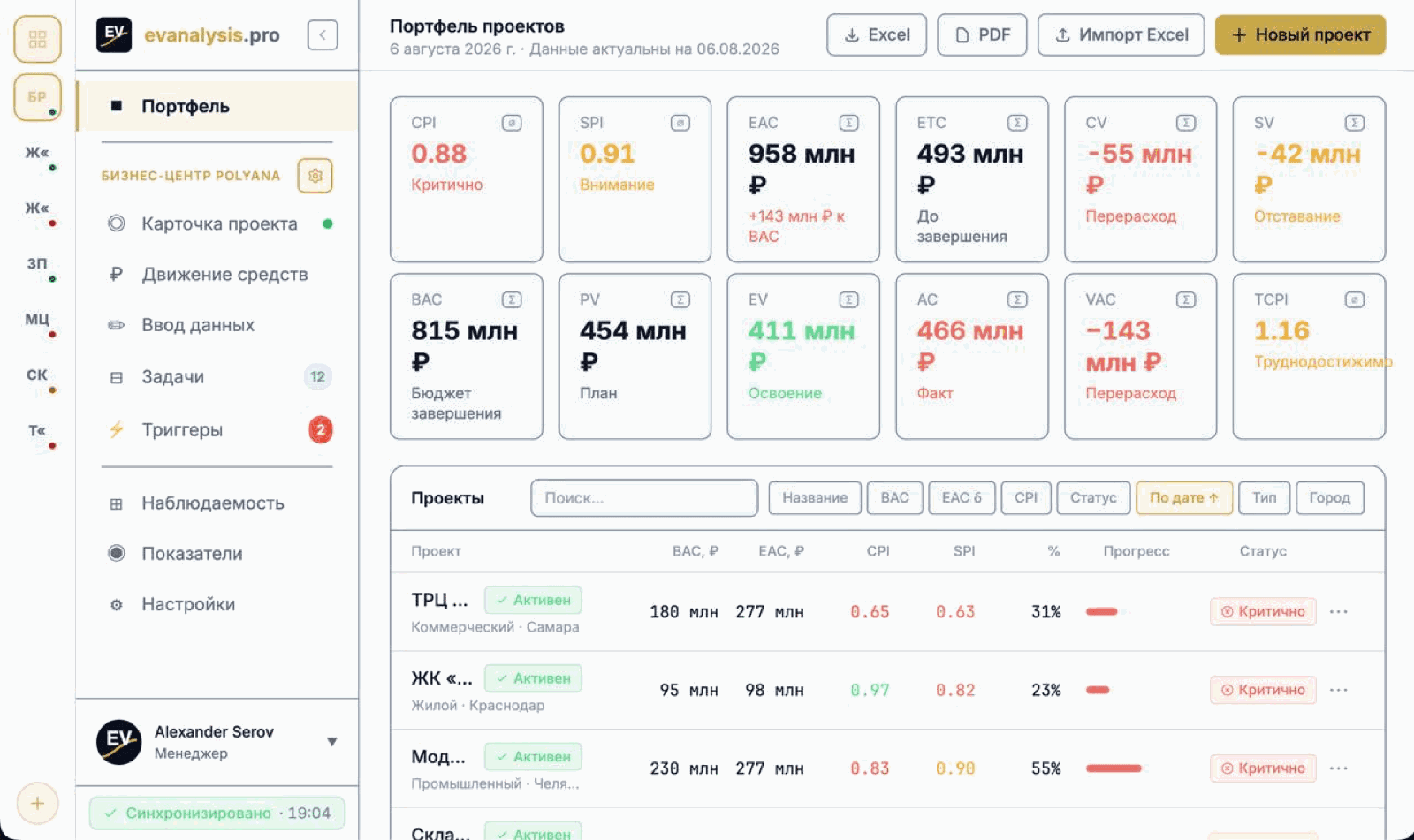 Портфель проектов — список с EVA-метриками