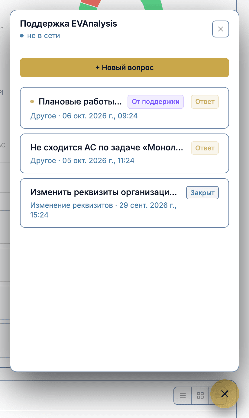 Панель поддержки в правом нижнем углу: статус «не в сети», кнопка «+ Новый вопрос» и список обращений
