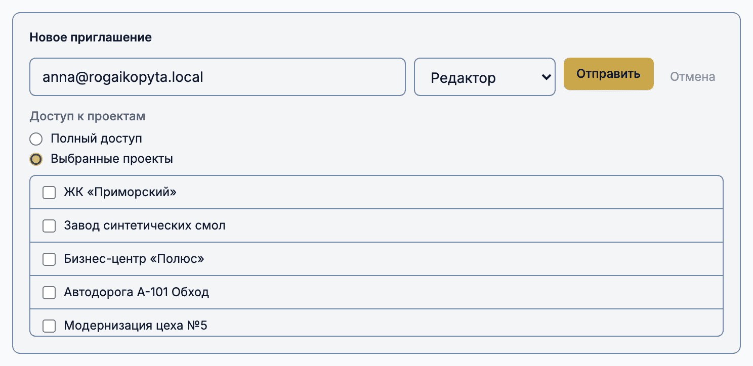 Форма «Новое приглашение»: email, выбор роли и список проектов для выборочного доступа